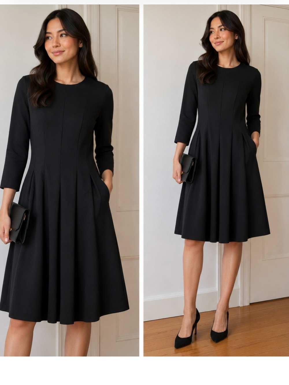 Classy, Elegant Black Long Sleeves Dress with Pleated Skirt, Pockets